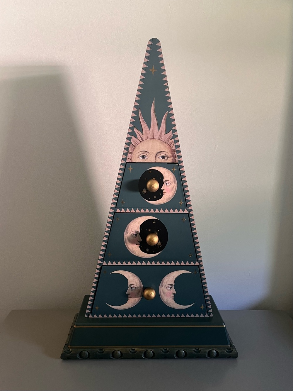 24" Teal Green Moon & Sun Pyramid Tabletop Cabinet Celestial Whimsical Design